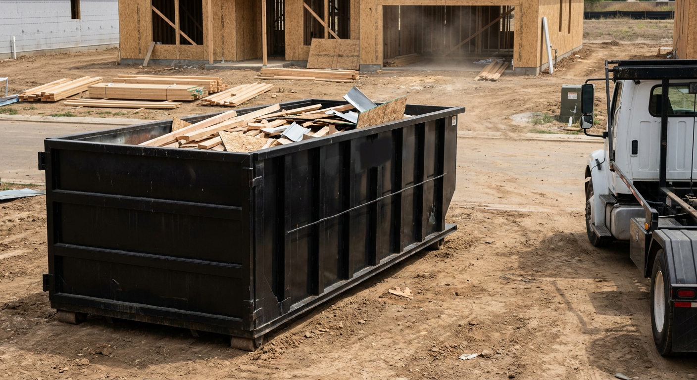 Matte-black 20-yard roll-off construction dumpster with heavy ribbed steel sidewalls and swing rear doors at a working jobsite in Temecula, sitting directly on compacted dirt with an unmarked white hauler partially visible at the far edge of the frame.