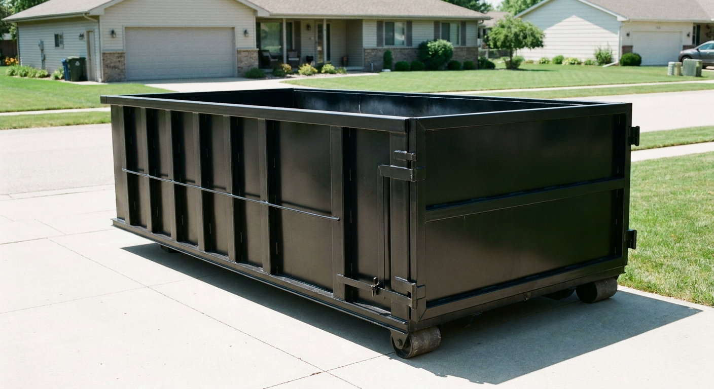 Matte-black 10-yard roll-off dumpster on a residential concrete driveway in Temecula, uniformly painted matte black across every panel and rail, ribbed steel sidewalls and rear swing door visible, mid-day daylight.