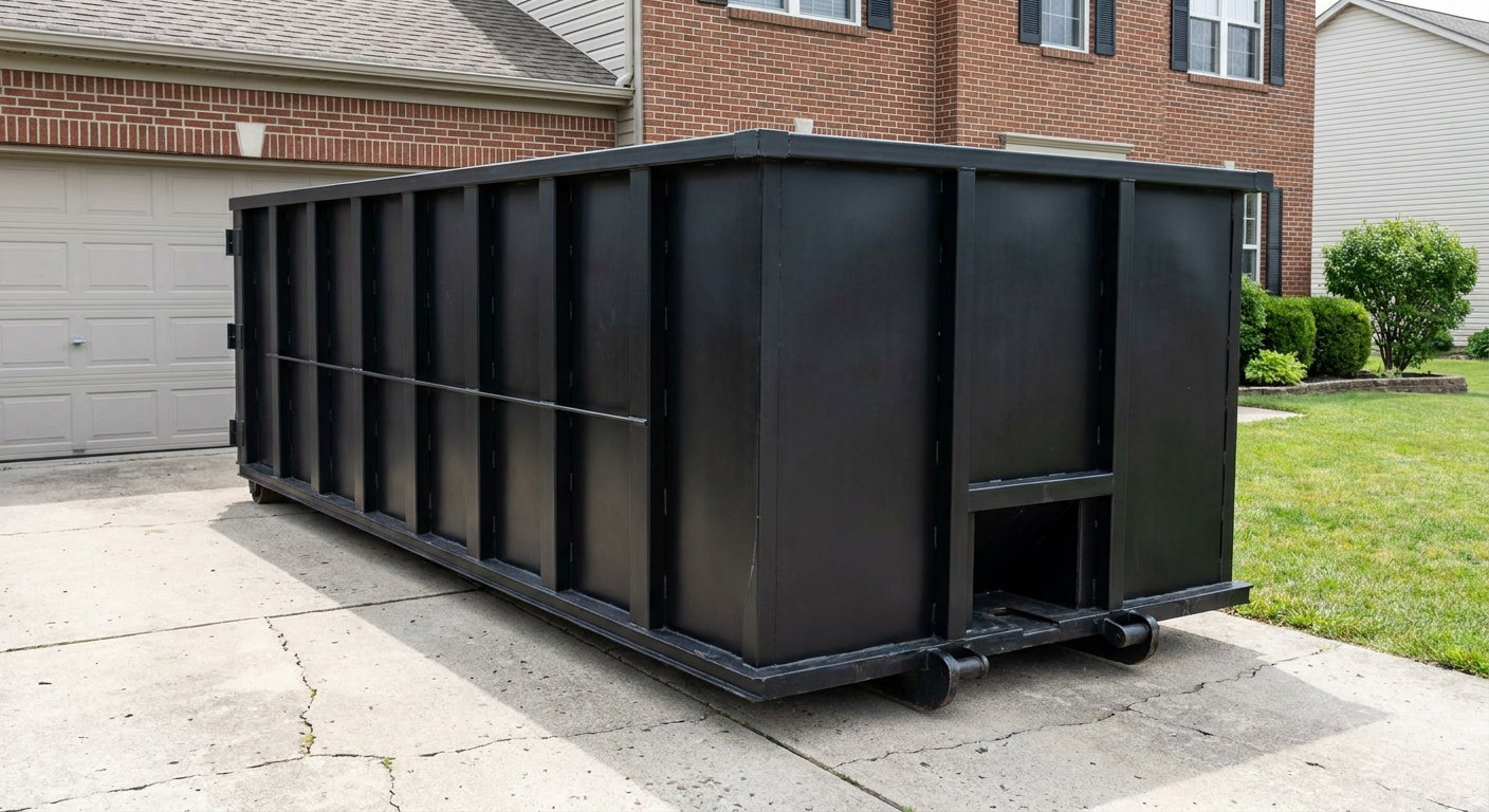 Matte-black 20-yard roll-off container on a Temecula residential concrete driveway with reinforced ribbed steel sidewalls and a hinged rear walk-in door, clean bright daylight.