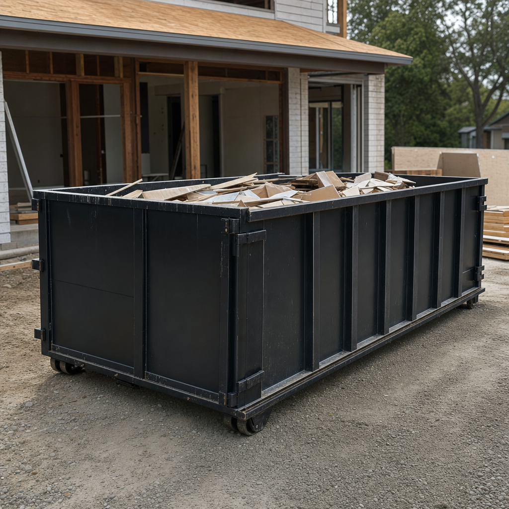 Large matte-black 30-yard construction roll-off dumpster at an active Temecula jobsite, steel-gray top rails and bottom rollers visible, loaded with construction debris.