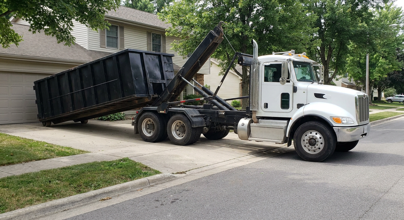 White-cab hooklift roll-off truck actively lowering a matte-black dumpster onto a Temecula residential concrete driveway, the dumpster's rear wheels touching the driveway as the hoist arm tilts the bed forward, mid-morning daylight.