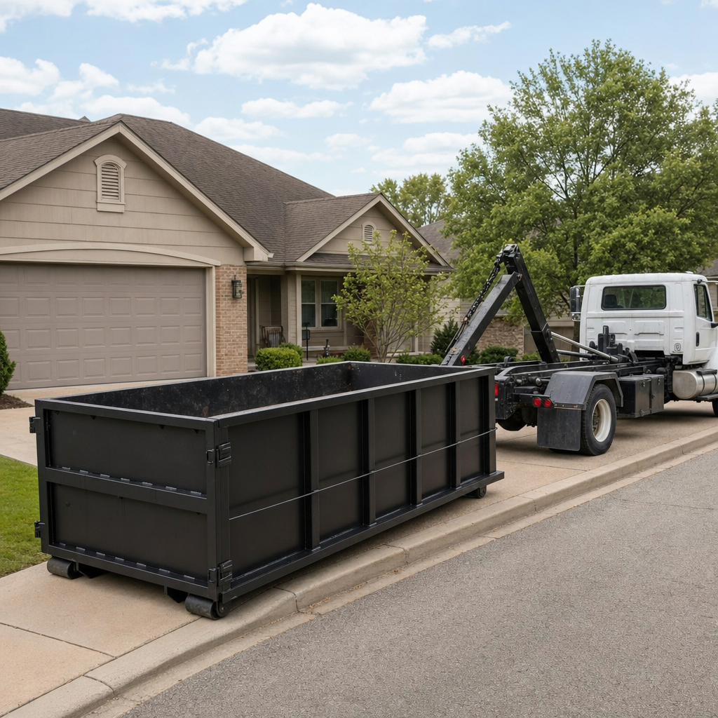 Wide documentary shot of a matte-black roll-off dumpster on a Temecula residential driveway in the foreground and a contractor jobsite container in the soft-focus background, bright daylight, calm and orderly composition.