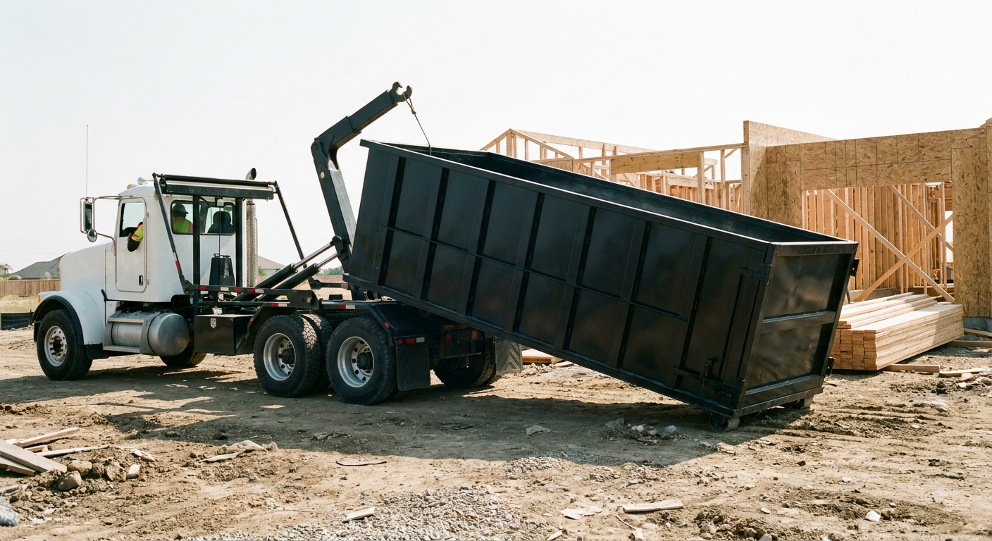 Matte-black roll-off dumpster being delivered onto a clean residential concrete driveway in Temecula by an unmarked white hooklift hauler truck, bright morning daylight, documentary 35mm perspective.