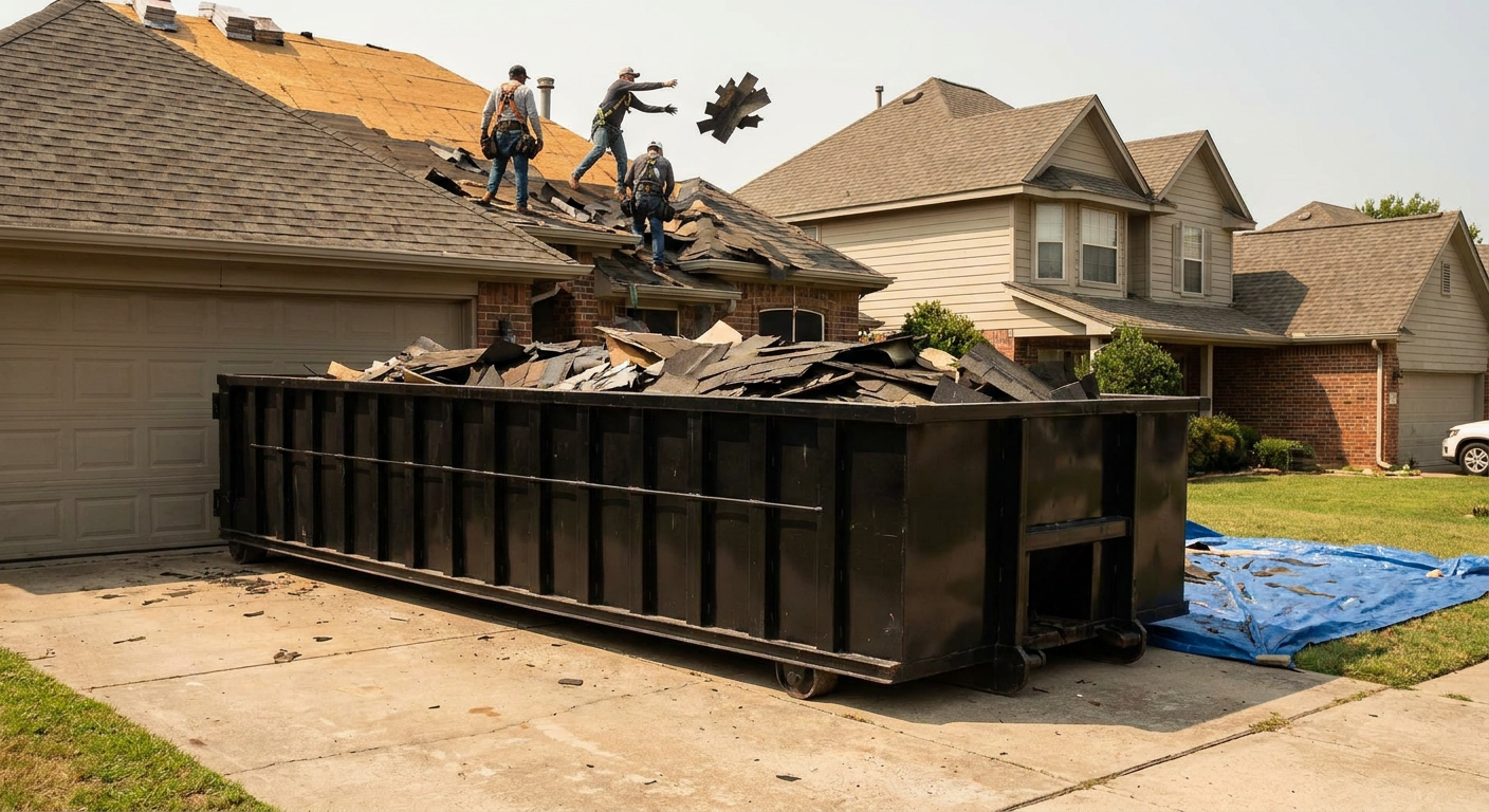 Matte-black roofing roll-off dumpster placed directly on a Temecula residential concrete driveway, a tear-off crew on a two-story asphalt-shingle roof tossing shingle bundles into the low-walled container, bright daylight, documentary 35mm perspective.