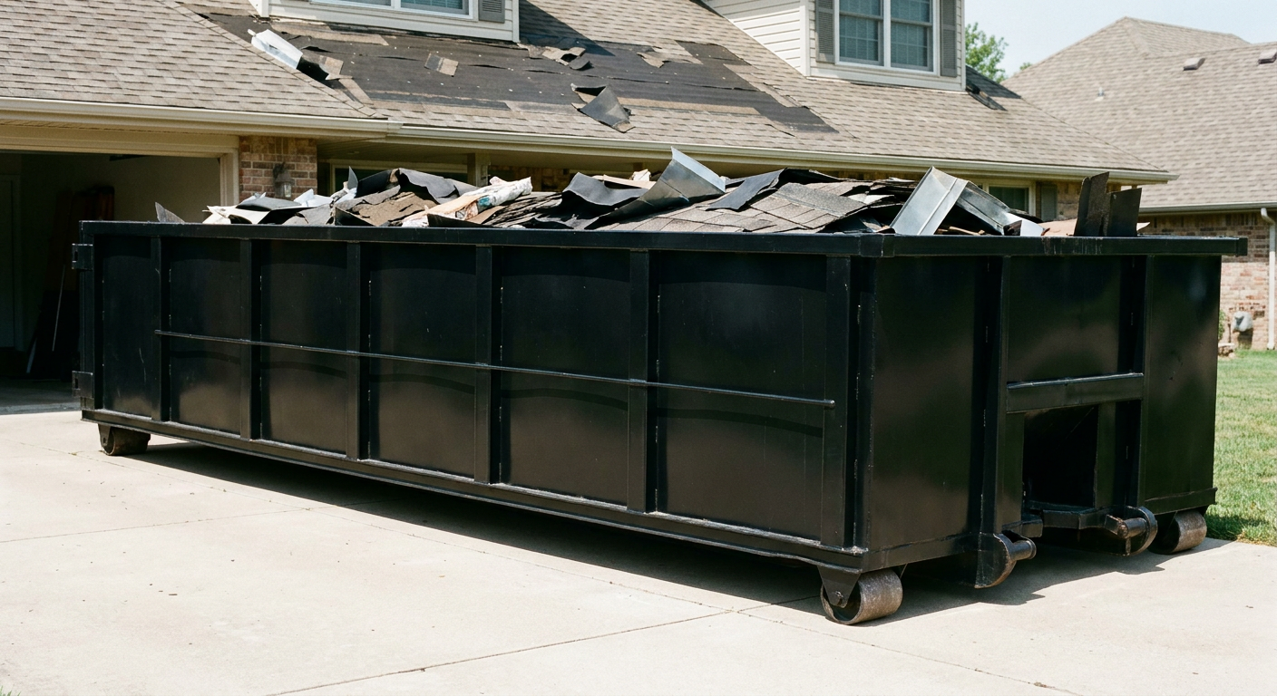 Matte-black 20-yard roofing roll-off dumpster with steel ribbed sides and swinging rear door, sitting directly on the concrete driveway of a two-story Temecula home, asphalt shingle debris being loaded over the low wall, clean documentary lighting.