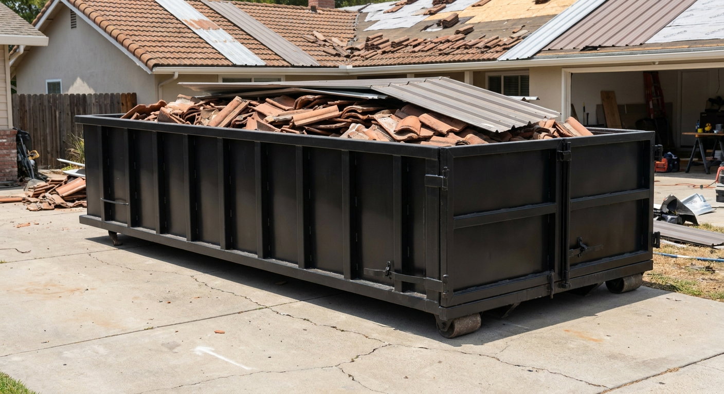 Matte-black low-wall heavy-debris roofing roll-off dumpster sitting directly on a Temecula concrete driveway, broken concrete clay roof tiles and metal panel sections loaded inside, reinforced ribbed steel side walls visible, bright outdoor daylight.