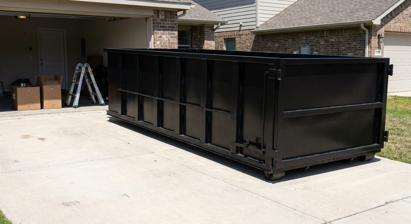 A matte-black 10-yard roll-off dumpster sitting directly on a residential Temecula concrete driveway, mid-day sunlight, clean and ready for a garage cleanout.