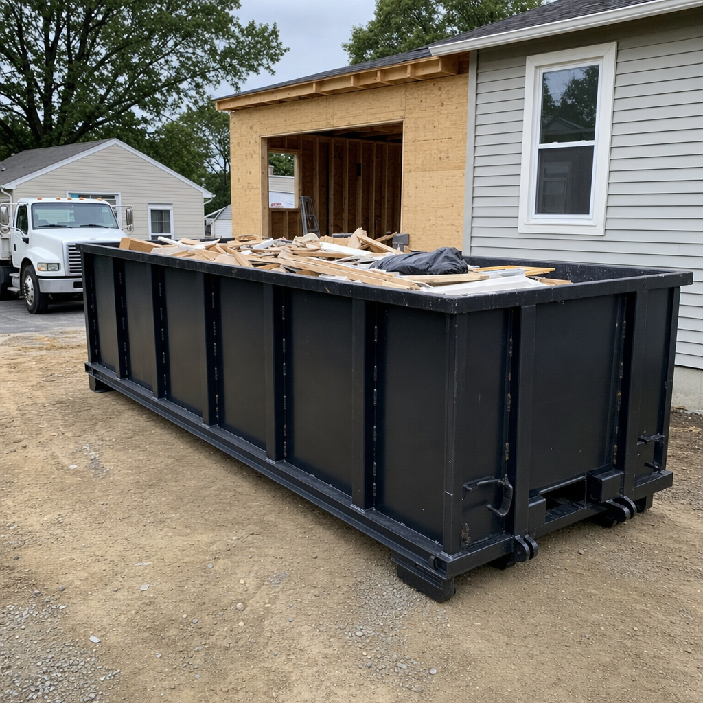 A matte-black 30-yard roll-off dumpster positioned at a Temecula residential addition jobsite, with framing lumber and drywall scraps loaded through the open swinging rear doors.